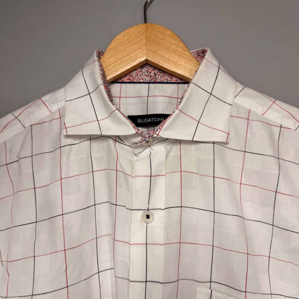 Bugatchi Men Classic Fit Dress Shirt 47"Chest Cotton White Red Black Windowpane